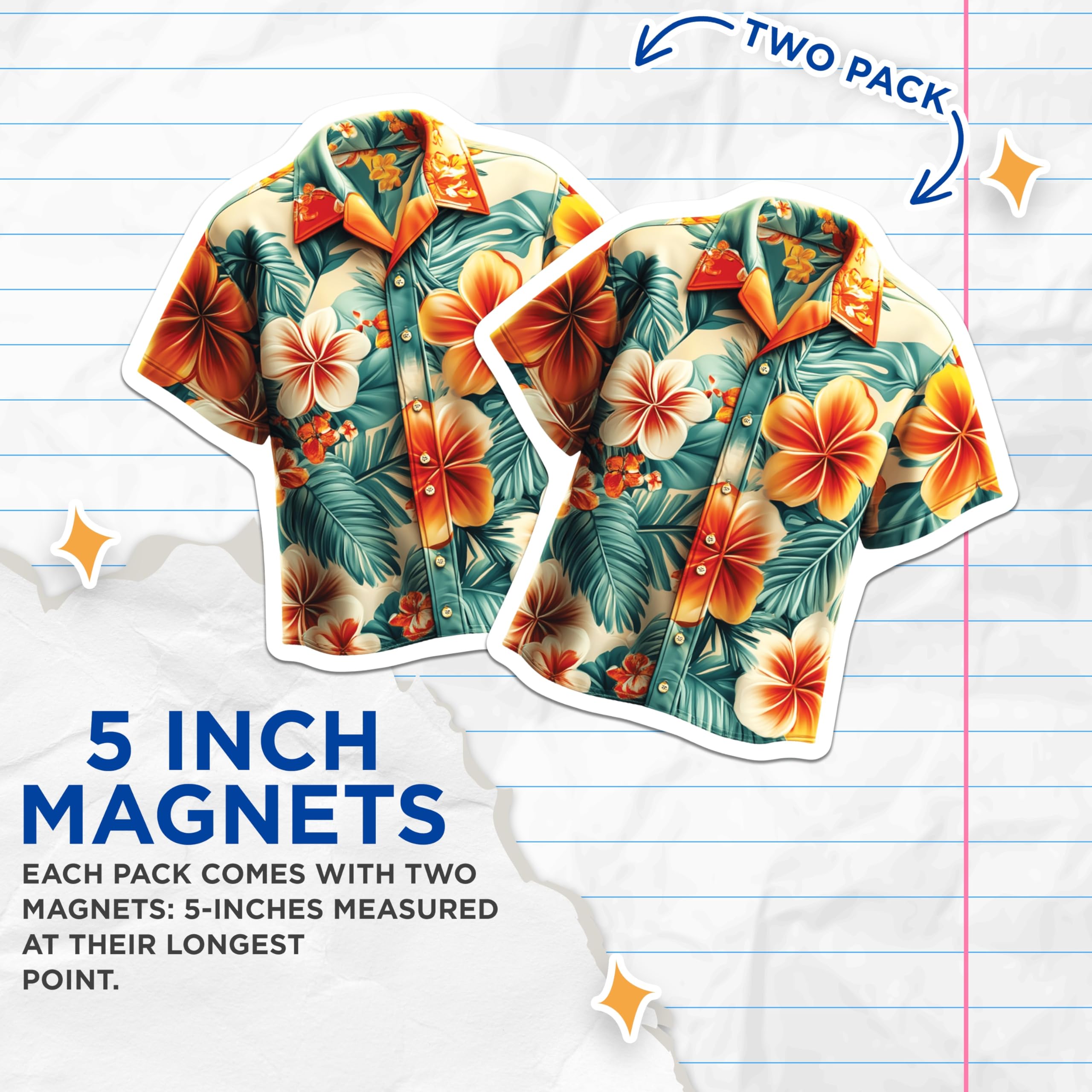 (2 Pack) Hawaiian Shirt Magnets - Tropical Plumeria Fridge Decor - Aloha Island Style Art - 5 Inches On Longest Side - Thick Durable Magnet - Made in USA - MAG19756