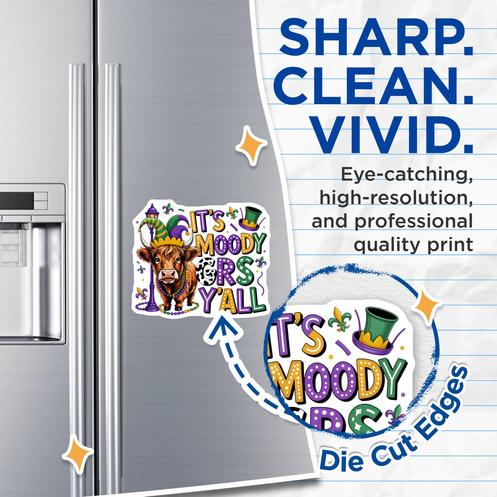 (2 Pack) Mardi Gras Highland Cow Magnets - Moody Gras Y'all Refrigerator Decor - Festive Kitchen Accent - 5 Inches On Longest Side - Thick Durable Magnet - Made in USA - MAG29672