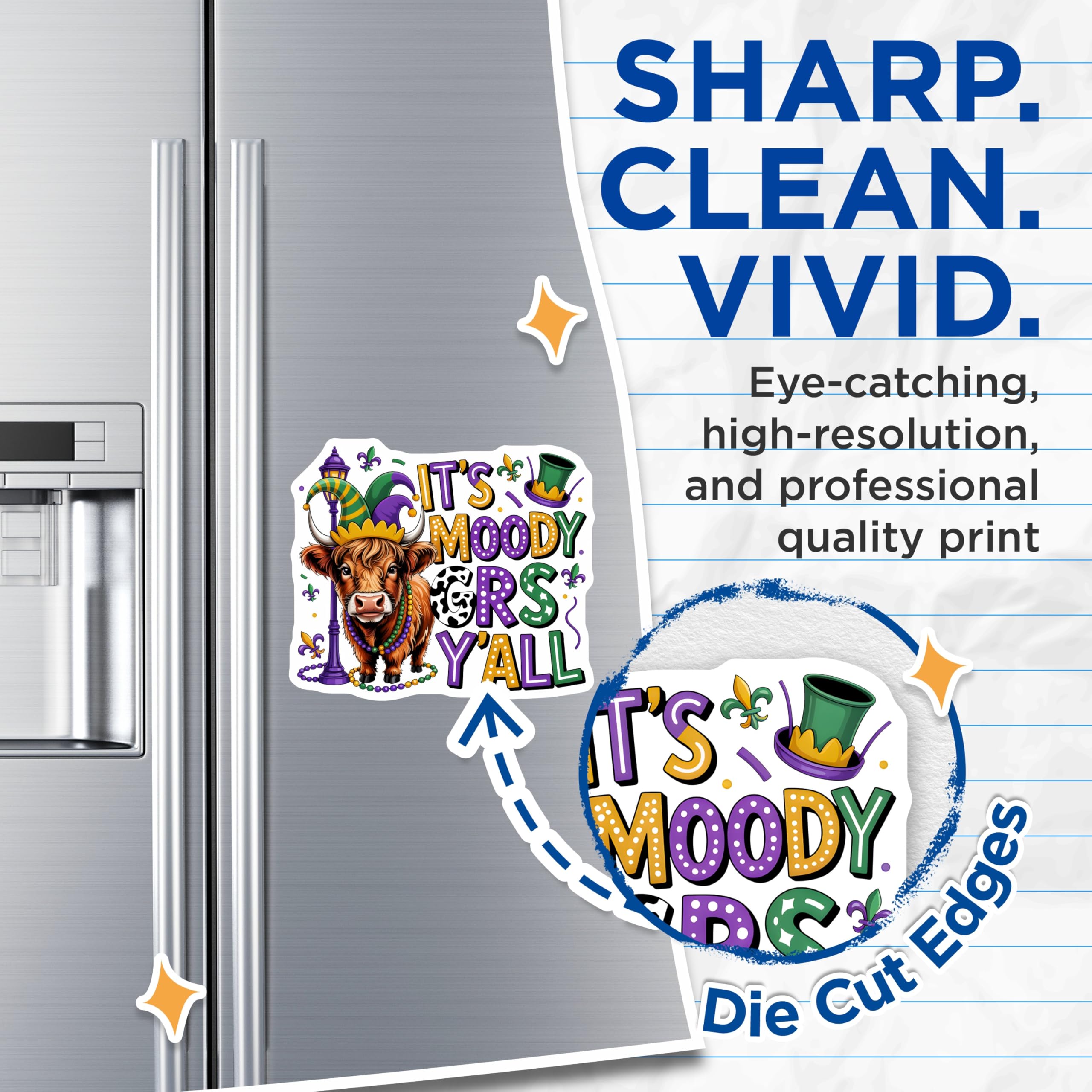 (2 Pack) Mardi Gras Highland Cow Magnets - Moody Gras Y'all Refrigerator Decor - Festive Kitchen Accent - 5 Inches On Longest Side - Thick Durable Magnet - Made in USA - MAG29672