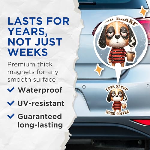 (2 Pack) Less Sleep More Coffee Magnets - Funny Dog Meme Magnets - Coffee Lover Kitchen Decor Magnets- 5" On Longest Side - for Fridges, Toolboxes, Cars - Made in USA - MAG2781