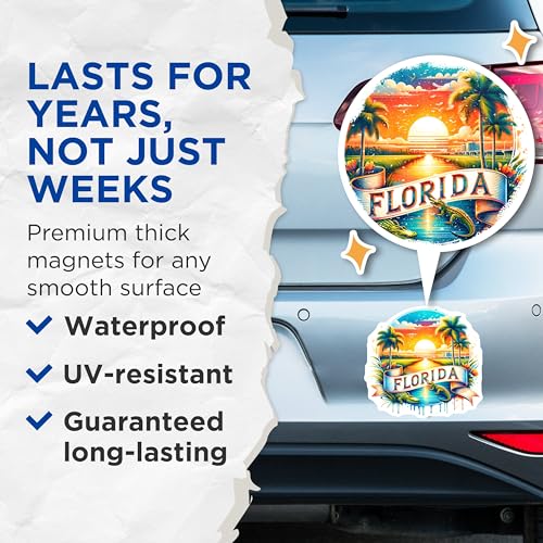 (2 Pack) Florida Sunshine State Magnets - Beach Sunset - Palm Tree Decor - 5" On Longest Side - for Cars, Fridges, Toolboxes - Made in USA - MAG6738