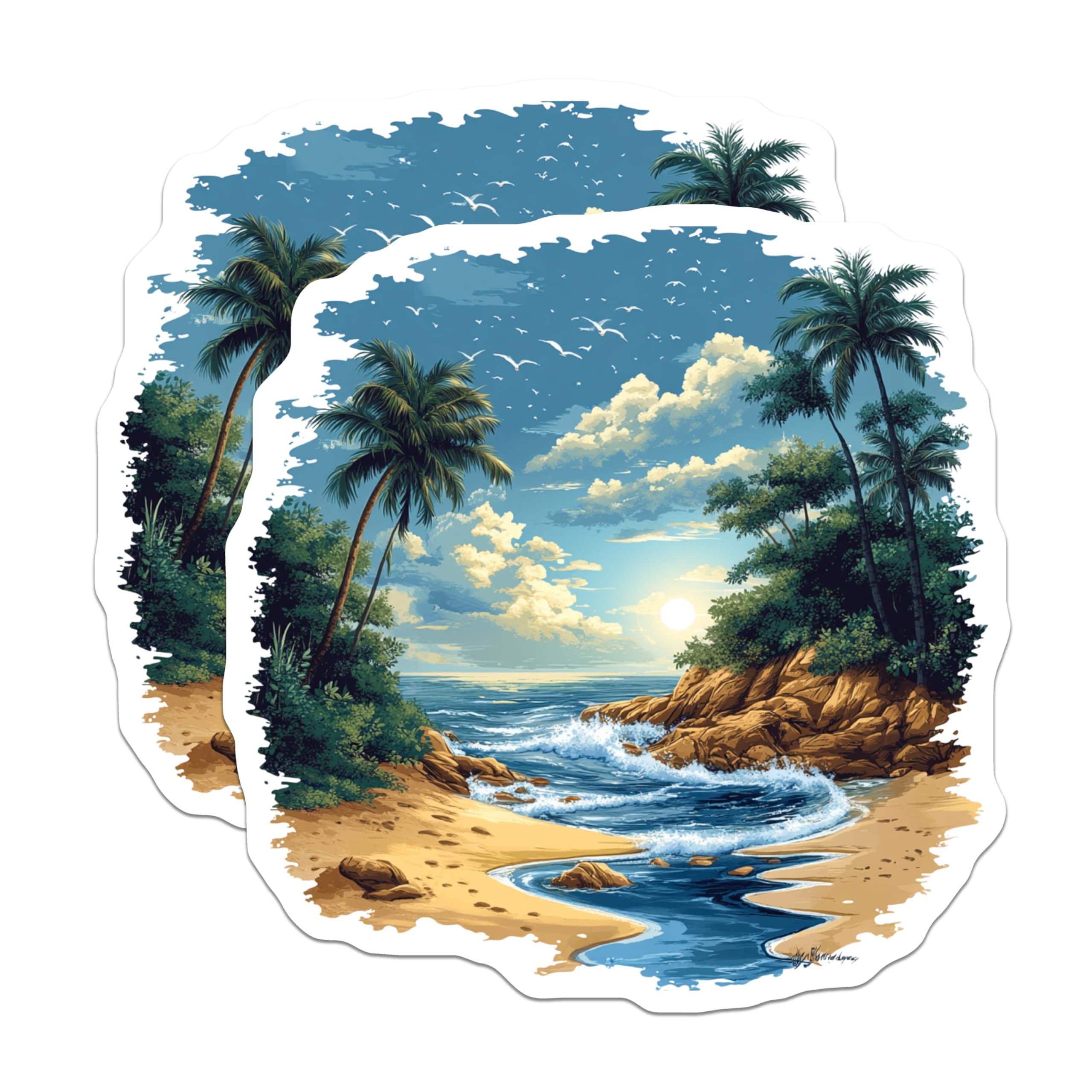 (2 Pack) Tropical Beach Magnets - Ocean Scene Palm Tree - Vacation Souvenir Sunny Seascape - 5 Inches On Longest Side - Thick Durable Magnet - Made in USA - MAG26465