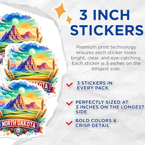 (3 Pack) North Dakota Decals - State Pride - Laptop Decal- 3 Inches On Longest Side - Easy Peel & Apply - Made in USA - 3MCS5927