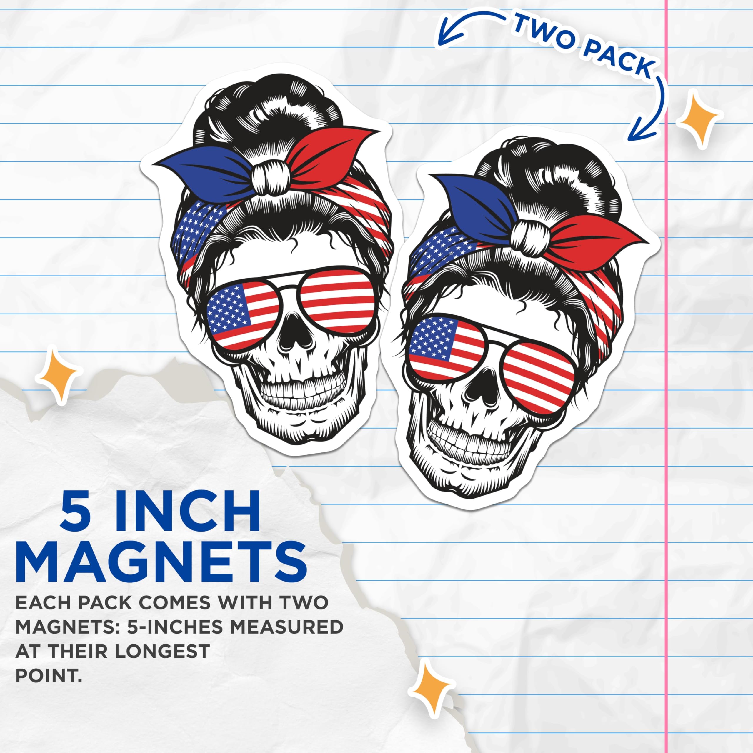 (2 Pack) Patriotic Skull Magnets - American Flag - Messy Bun Accessories - 5" On Longest Side - Premium Magnet - for Cars, Refrigerators, Toolboxes, Lockers - Made in USA - MAG17475