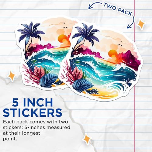 (2 Pack) Beach Wave Stickers - Ocean Sunset - Tropical Palm Tree - 5" On Longest Side - Sticks to Smooth Flat Surfaces - Made in USA - BMCS9270