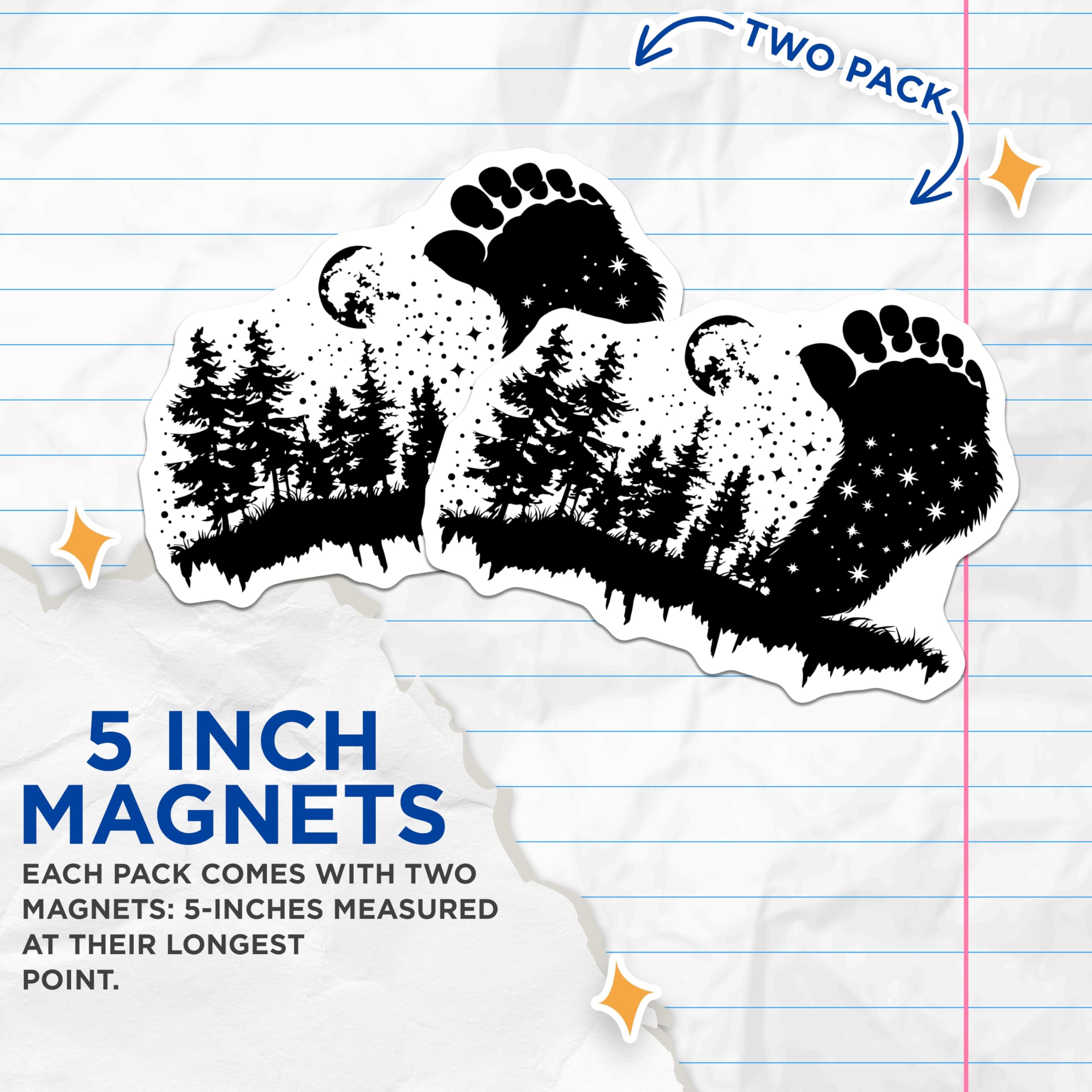 (2 Pack) Bigfoot Magnets - Sasquatch Forest Woodland Moon - Starry Night Cryptid Creature Refrigerator Art - 5 Inches On Longest Side - Thick Durable Magnet - Made in USA - MAG22072