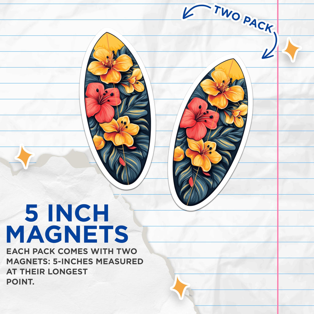 (2 Pack) Hawaiian Surfboard Magnets - Tropical Floral Fridge Decor - Beach Vibe Kitchen Accessory - 5 Inches On Longest Side - Thick Durable Magnet - Made in USA - MAG26626