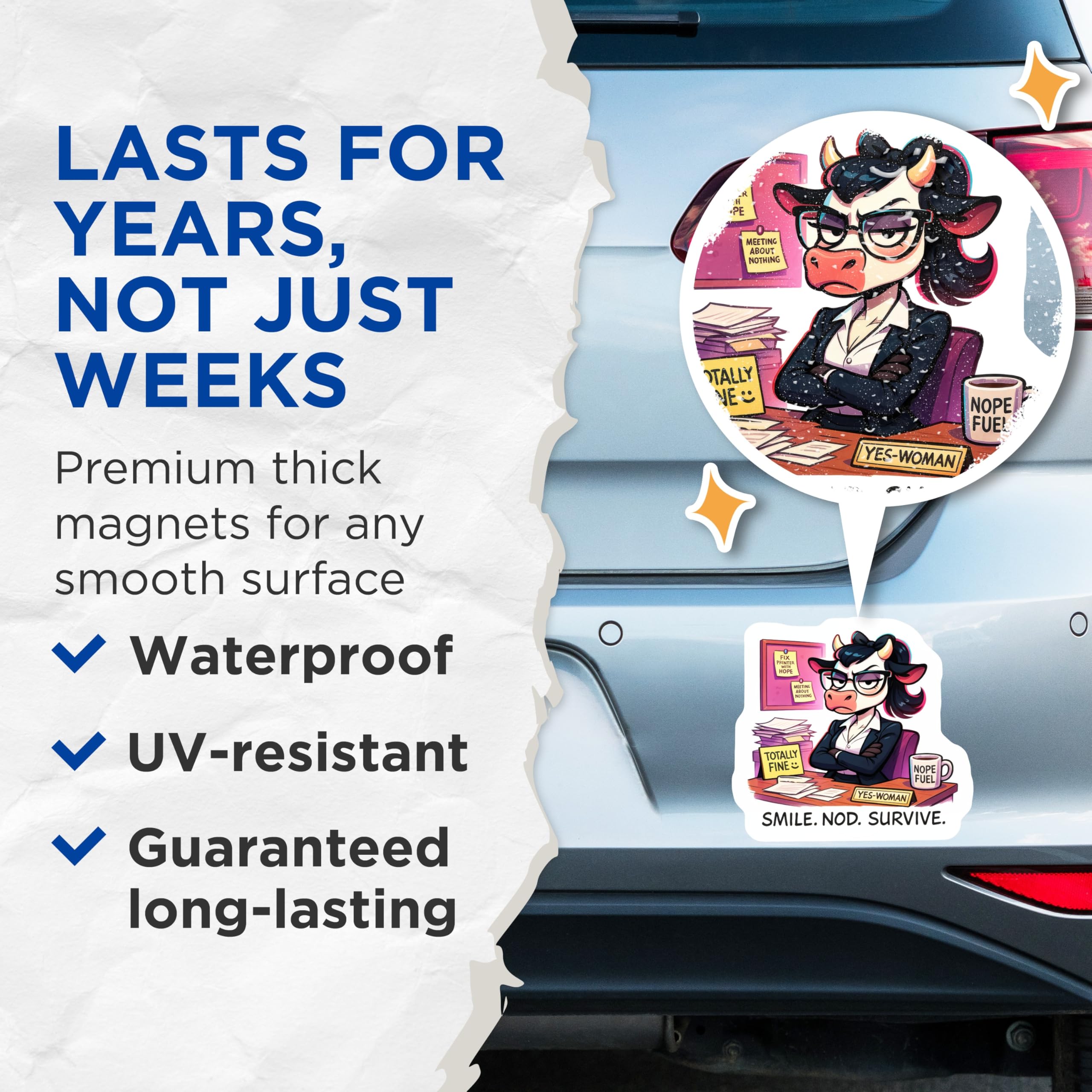 (2 Pack) Grumpy Cow Magnets - Office Humor Decor - Smile Nod Survive Quote - Workplace Stress Relatable - Desk Sarcasm - 5 Inches On Longest Side - Thick Durable Magnet - Made in USA - MAG20278