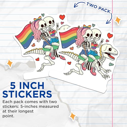 (2 Pack) Rainbow Skeleton Dinosaur Stickers - Cute Skeleton Design - Colorful Dinosaur Stickers for Kids and Adults - 5" On Longest Side - Sticks to Smooth Flat Surfaces - Made in USA - BMCS7135