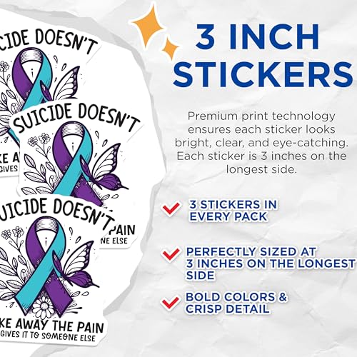(3 Pack) Suicide Awareness Decals - Mental Health Ribbon - Butterfly Floral Decal- 3 Inches On Longest Side - Easy Peel & Apply - Made in USA - 3MCS5010