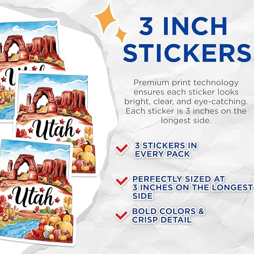 (3 Pack) Utah State Decals - Arches National Park - Autumn Landscape- 3 Inches On Longest Side - Easy Peel & Apply - Made in USA - 3MCS5073