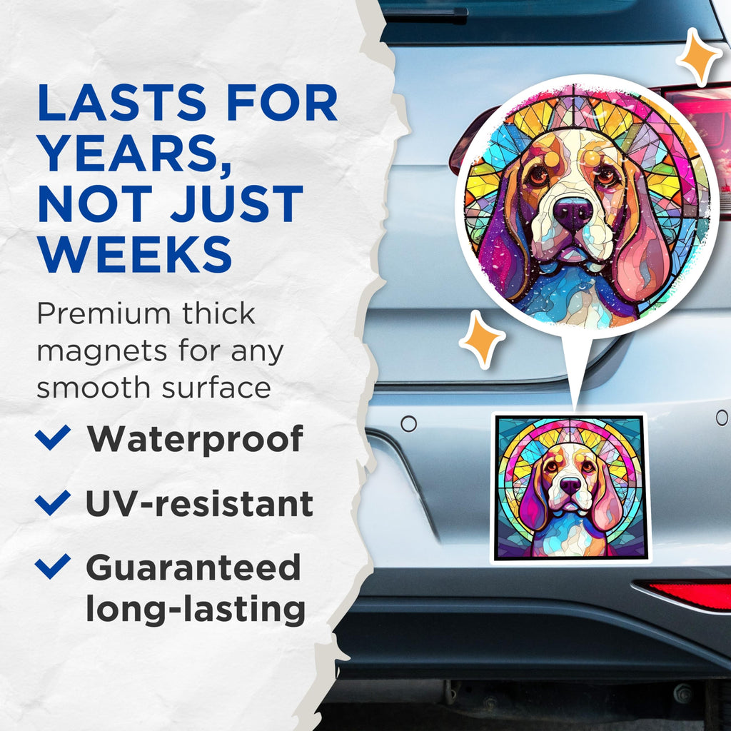 (2 Pack) Beagle Dog Magnets - Stained Glass Style - Artistic Beagle Puppy Decor - 5" On Longest Side - Premium Magnet - for Cars, Refrigerators, Toolboxes, Lockers - Made in USA - MAG16345