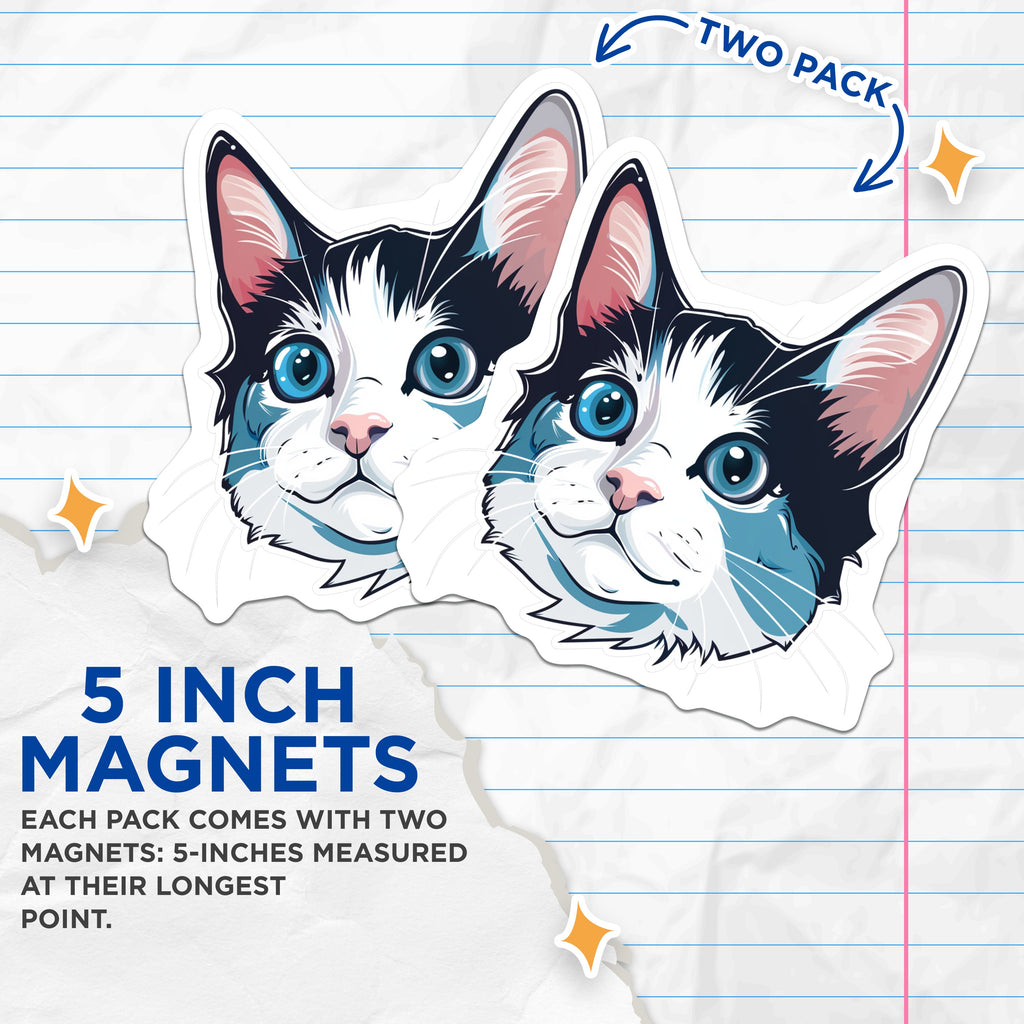 (2 Pack) Cute Blue Eyed Cat Magnets - Adorable Kitten Refrigerator Decor - Pet Lover Animal Art - 5 Inches On Longest Side - Thick Durable Magnet - Made in USA - MAG39937