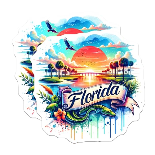 (2 Pack) Florida Sunset Stickers - Nature Landscape - Travel Destination Decals - 5" On Longest Side - Sticks to Smooth Flat Surfaces - Made in USA - BMCS6672