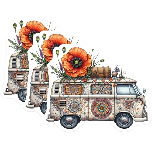 (3 Pack) Hippie Van Decals - VW Bus Stickers - Bohemian Decal - 3 Inches On Longest Side - Easy Peel & Apply - Made in USA - 3MCS7632