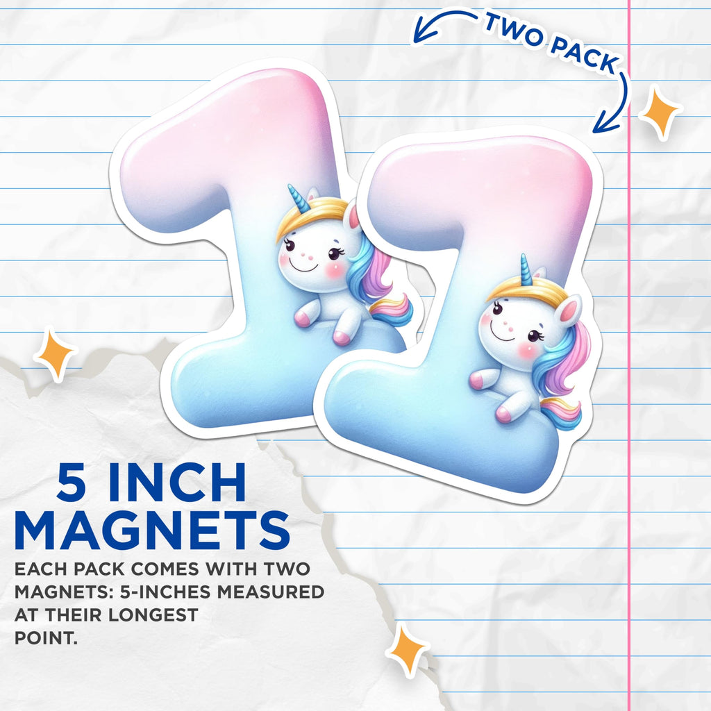 (2 Pack) Unicorn Number One Magnets - First Birthday - Rainbow Unicorn Party Decoration - 5" On Longest Side - Premium Magnet - for Cars, Refrigerators, Toolboxes, Lockers - Made in USA - MAG16202