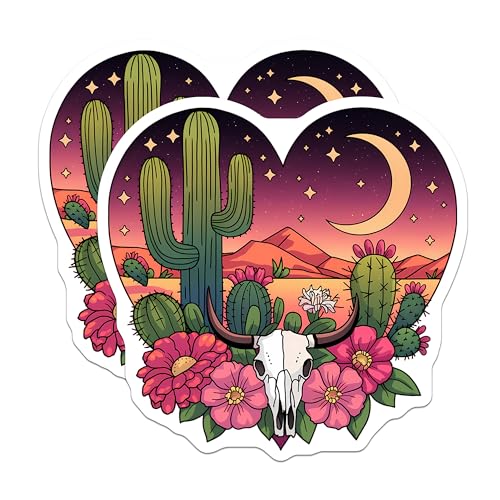 (2 Pack) Cactus Skull Stickers - Desert Night Scene - Western Cowboy Aesthetic Stickers - 5" On Longest Side - Sticks to Smooth Flat Surfaces - Made in USA - BMCS9622