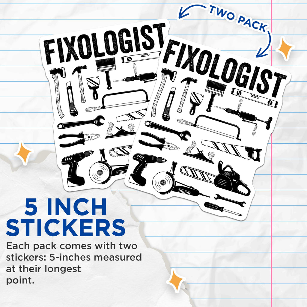 (2 Pack) Fixologist Stickers - Tool Stickers - Handyman Stickers - Work Tool Stickers - DIY Stickers - Mechanic Stickers - 5" On Longest Side - Sticks to Smooth Flat Surfaces - Made in USA - BMCS4882