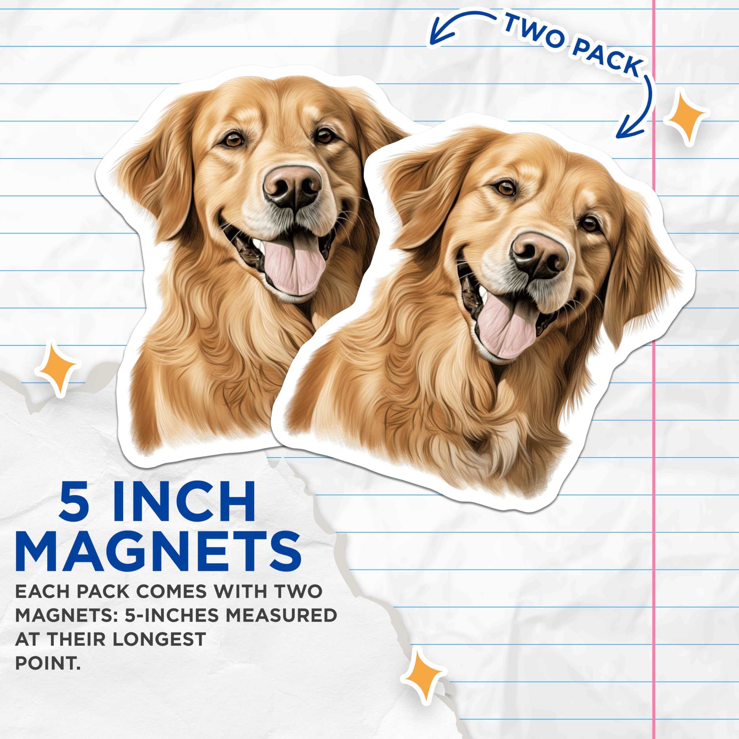 (2 Pack) Golden Retriever Magnets - Happy Dog Breed Decor - Pet Lover Fridge Accessory - Animal Art Locker Decal - 5 Inches On Longest Side - Thick Durable Magnet - Made in USA - MAG29218