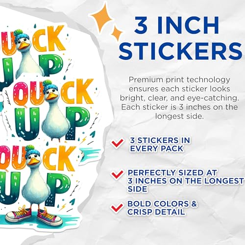 (3 Pack) Quirky Duck Decals - Cartoon Animal Sticker - Laptop Decal- 3 Inches On Longest Side - Easy Peel & Apply - Made in USA - 3MCS5106