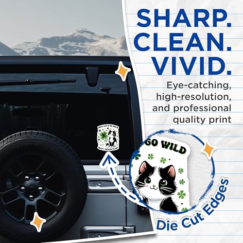 (2 Pack) St Patrick's Day Stickers - Cute Cat - Let's Go Wild - 5" On Longest Side - Sticks to Smooth Flat Surfaces - Made in USA - BMCS8111