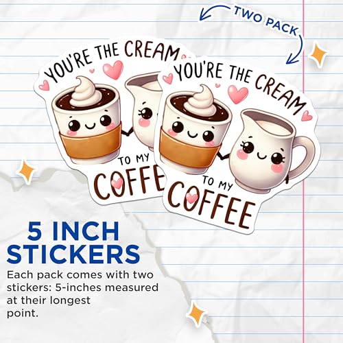 (2 Pack) Cute Couple Stickers - Coffee and Cream Stickers - Adorable Coffee Lovers Sticker Set - 5" On Longest Side - Sticks to Any Smooth Flat Surface - Made in USA - BMCS3407