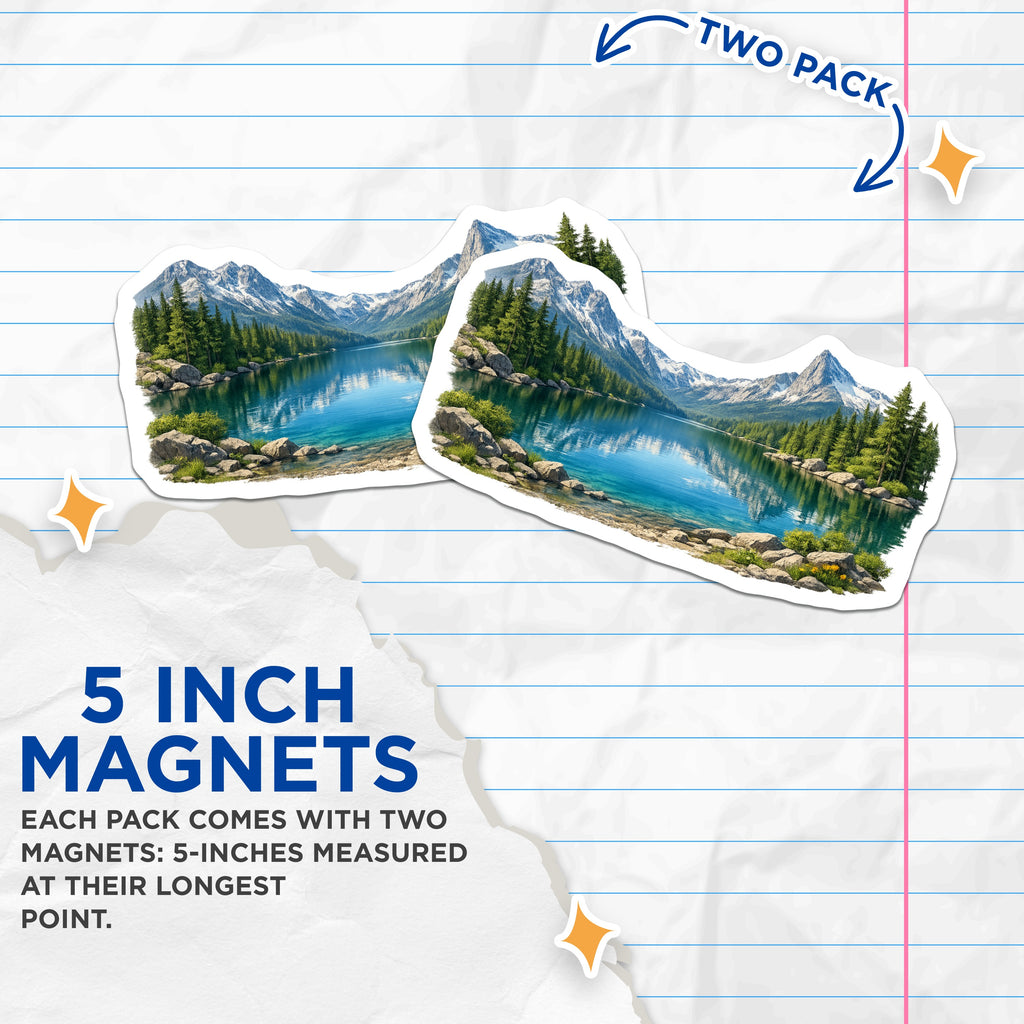 (2 Pack) Mountain Lake Landscape Magnets - Scenic Nature Art - Alpine Forest Fridge Decor - 5 Inches On Longest Side - Thick Durable Magnet - Made in USA - MAG38852
