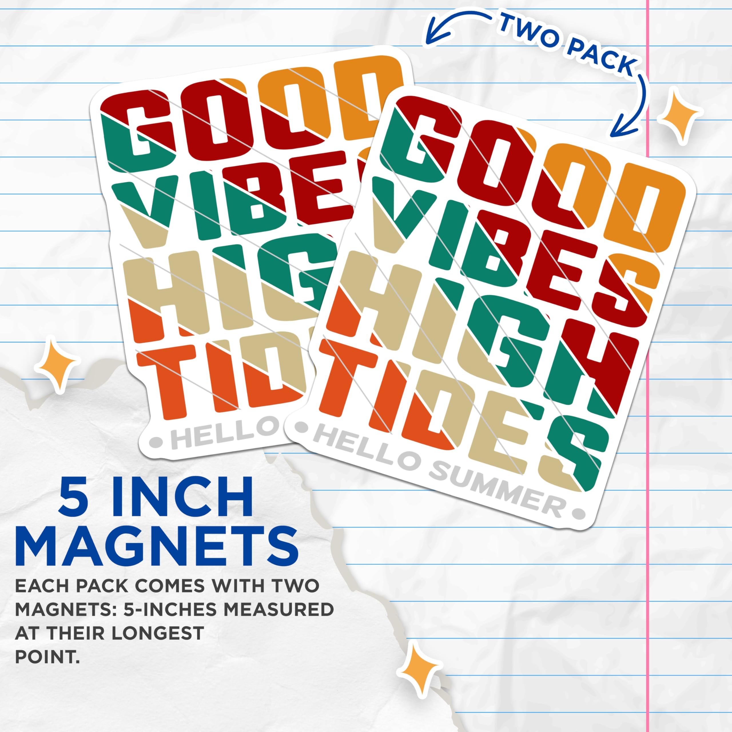 (2 Pack) Good Vibes High Tides Magnets - Hello Summer Inspiration - Beach Ocean Decor Accent - 5 Inches On Longest Side - Thick Durable Magnet - Made in USA - MAG21757