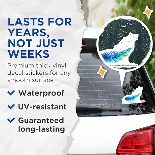(2 Pack) Inspirational Feather Stickers - Motivational Quote - Blue Feather with Birds - Uplifting Message Decal - 5" On Longest Side - Sticks to Smooth Flat Surfaces - Made in USA - BMCS7554