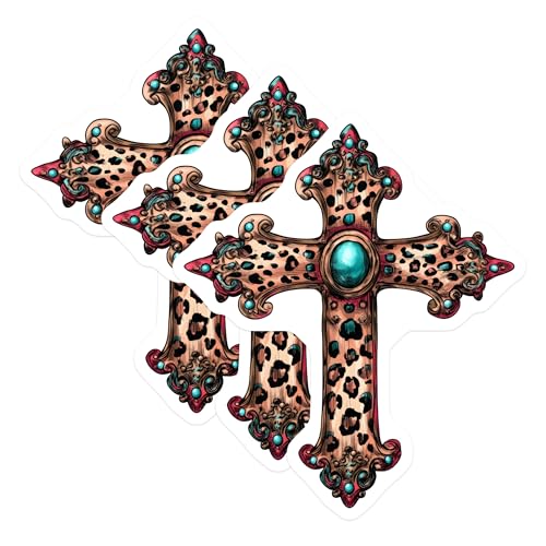 (3 Pack) Leopard Cross Decals - Turquoise Jewel - Religious Decor - 3 Inches On Longest Side - Easy Peel & Apply - Made in USA - 3MCS7497