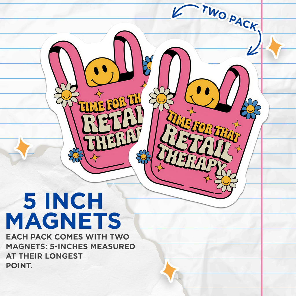 (2 Pack) Retail Therapy Magnets - Funny Shopping Bag Decor - Retro Smiley Face Daisy Kitchen Refrigerator Accessories - 5 Inches On Longest Side - Thick Durable Magnet - Made in USA - MAG23084
