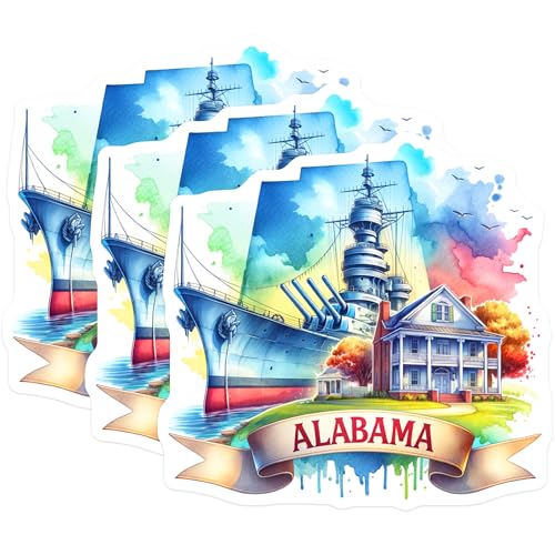 (3 Pack) Alabama Decals - Battleship Decal - Watercolor State Decal- 3 Inches On Longest Side - Easy Peel & Apply - Made in USA - 3MCS5435