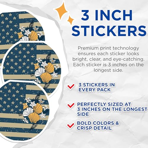 (3 Pack) American Flag Decals - Floral Patriotic - USA Decal - 3 Inches On Longest Side - Easy Peel & Apply - Made in USA - 3MCS7755