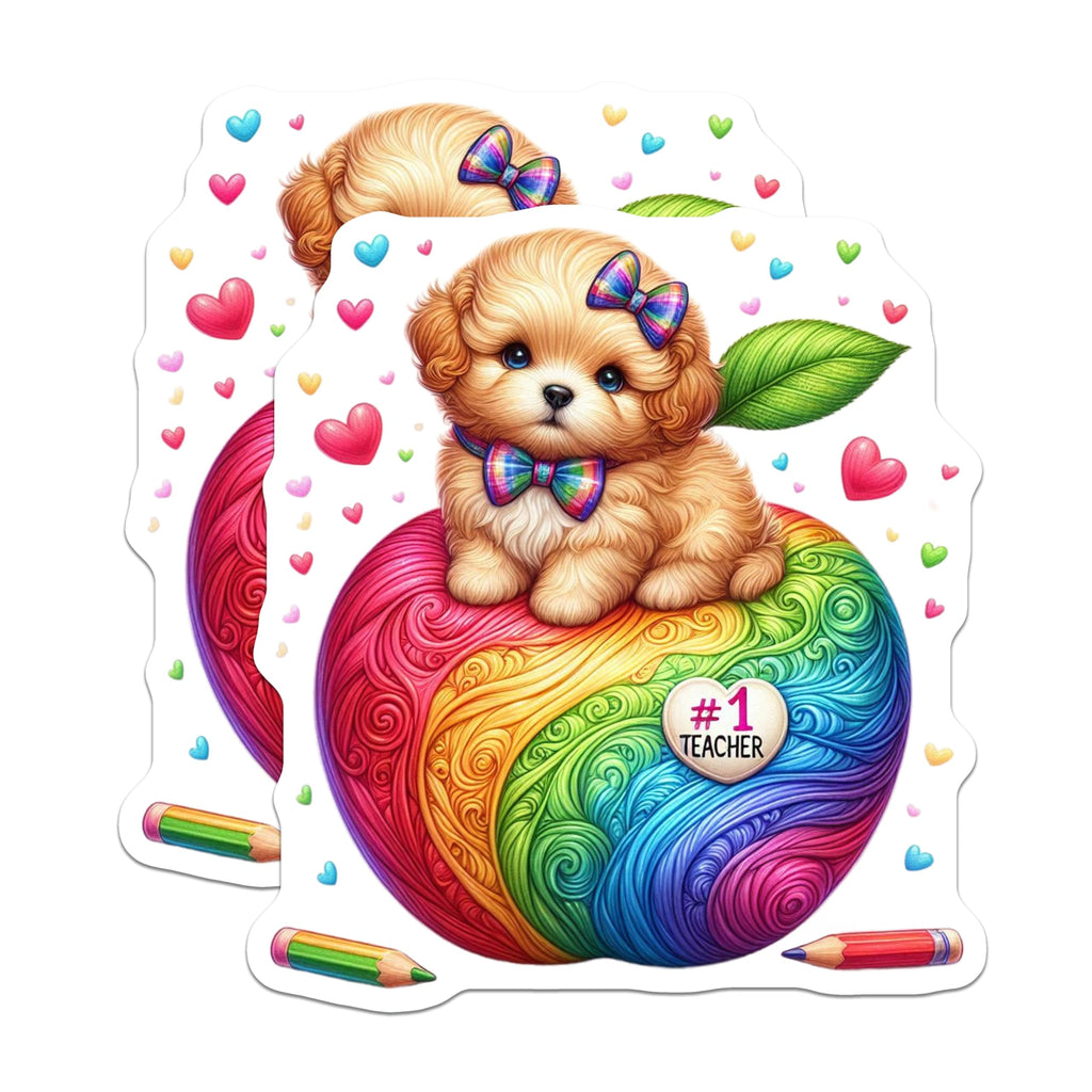(2 Pack) Teacher Magnets - Puppy Classroom Decor - Rainbow Apple Fridge Magnets - 5" On Longest Side - Premium Magnet - for Cars, Refrigerators, Toolboxes, Lockers - Made in USA - MAG14851