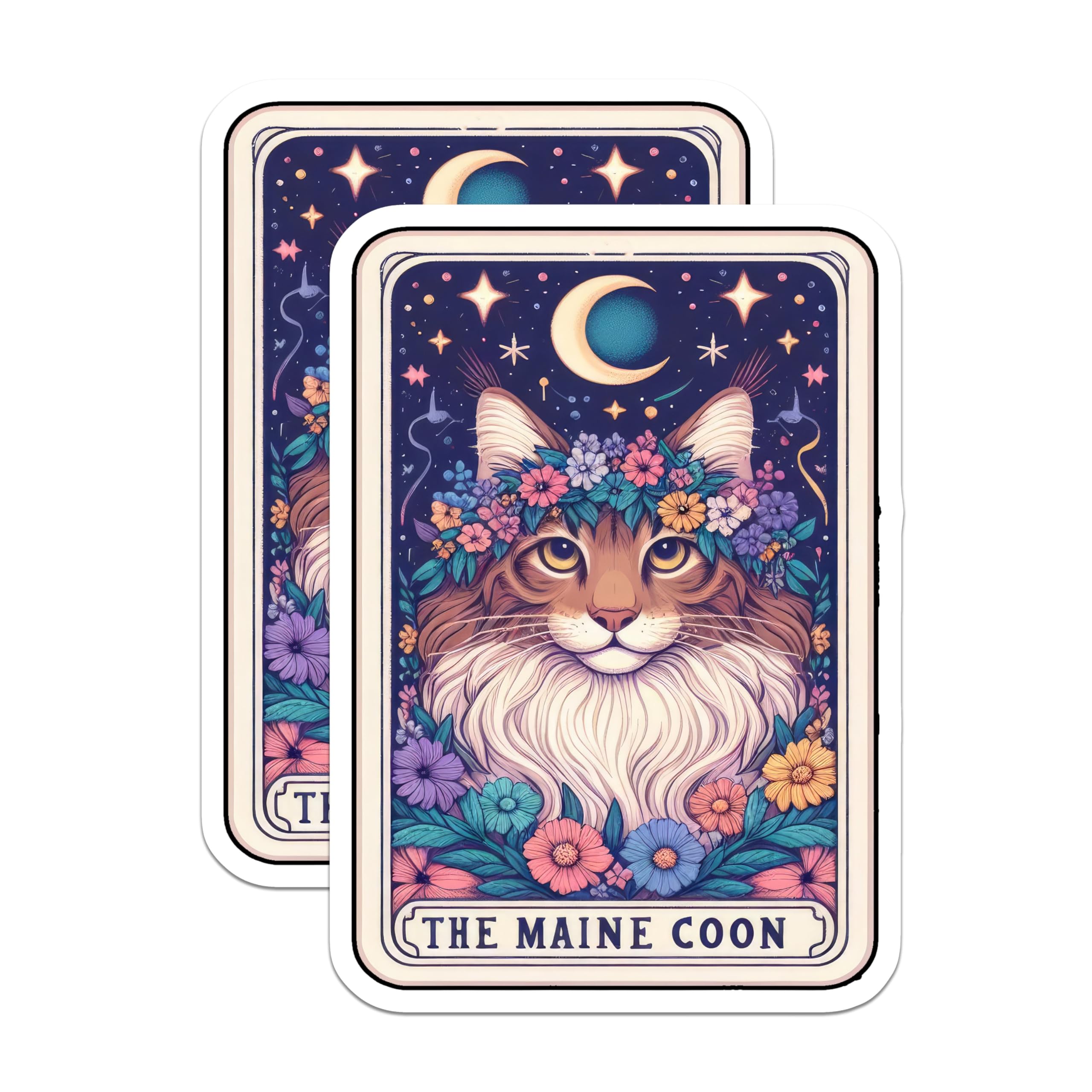 (2 Pack) Maine Coon Cat Stickers - Celestial Cat Art - Floral Kitty Design - 5" On Longest Side - Sticks to Smooth Flat Surfaces - Made in USA - BMCS5155