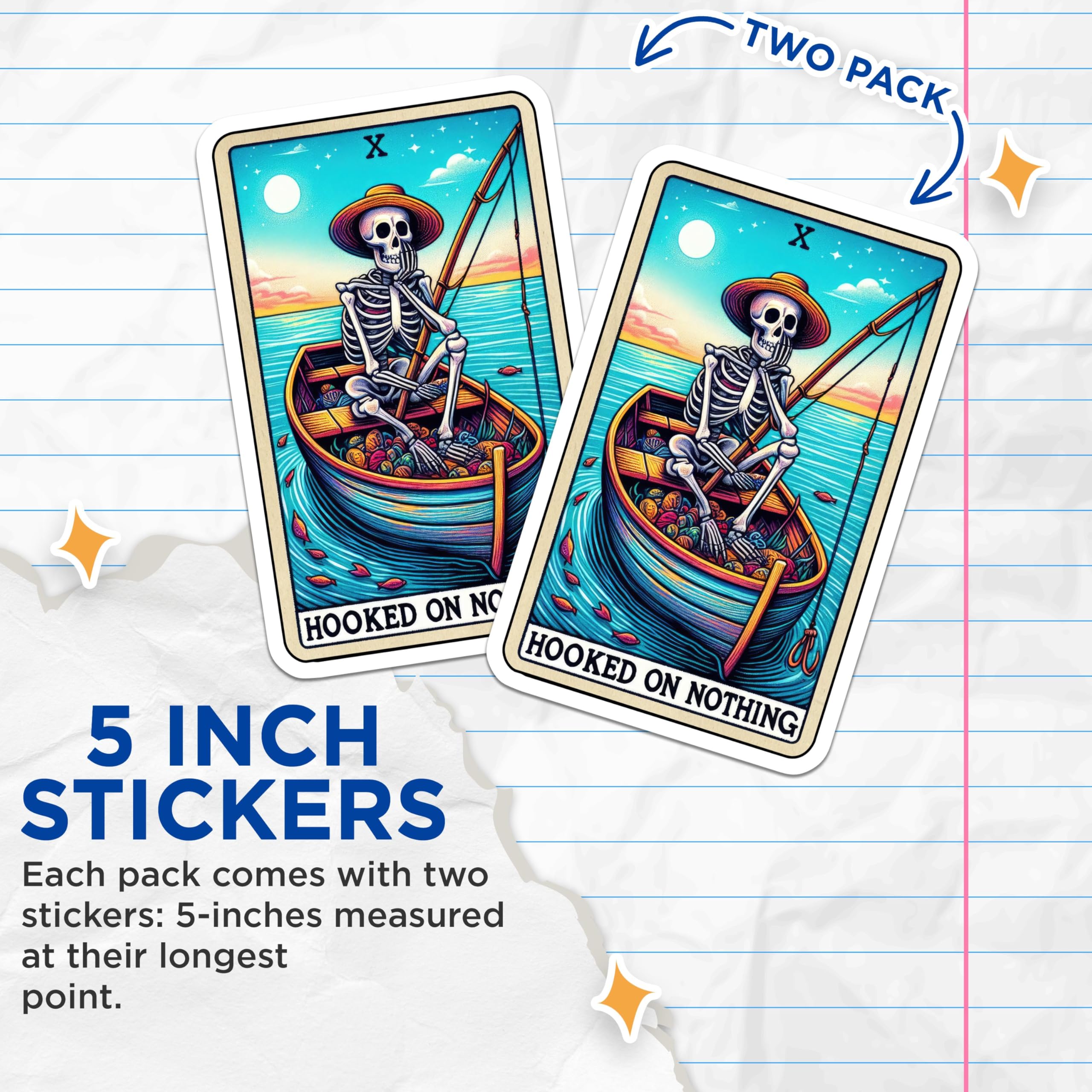 (2 Pack) Hooked on Nothing Stickers - Fishing Skeleton Stickers - Artistic Fishing Stickers - 5" On Longest Side - Sticks to Smooth Flat Surfaces - Made in USA - BMCS5069