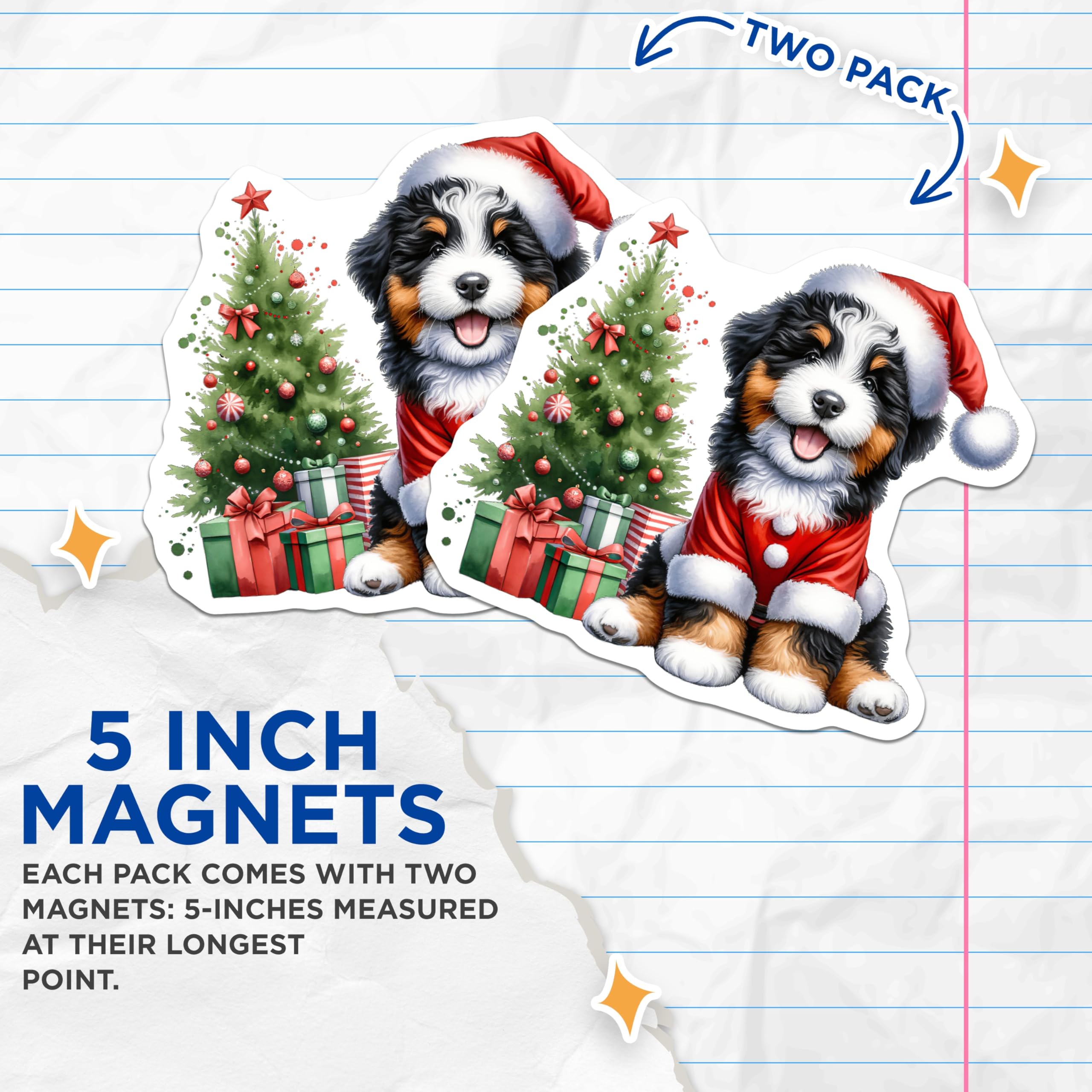 (2 Pack) Santa Puppy Bernese Magnets - Christmas Dog Decor - Holiday Animal Lover Refrigerator Decor - 5 Inches On Longest Side - Thick Durable Magnet - Made in USA - MAG27920