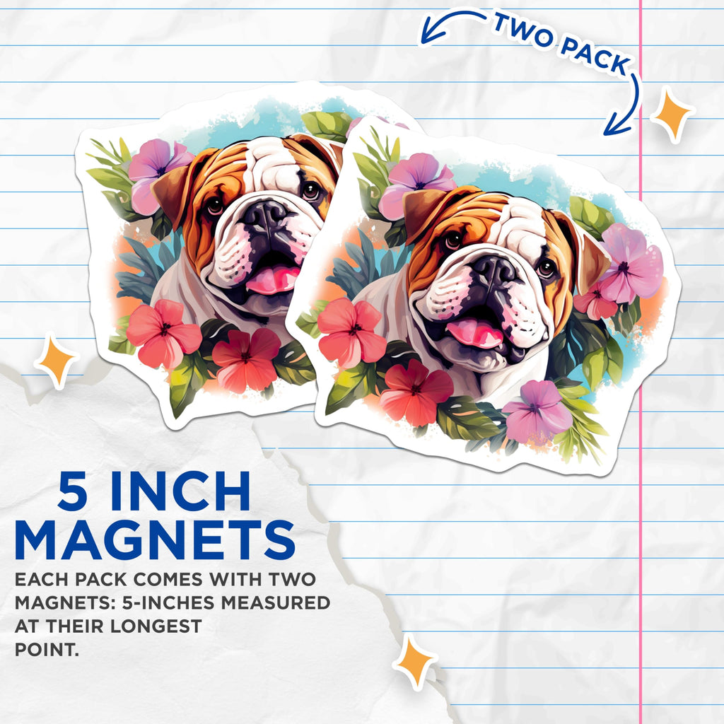 (2 Pack) Bulldog Magnets - Floral Dog Decor - Pet Lover Kitchen Appliance Accessories - 5 Inches On Longest Side - Thick Durable Magnet - Made in USA - MAG25066