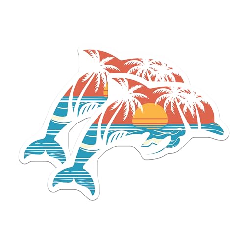 (2 Pack) Dolphin Beach Sunset Stickers - Tropical Beach Vacation Stickers - Ocean Animal Stickers - 5" On Longest Side - Sticks to Smooth Flat Surfaces - Made in USA - BMCS4869