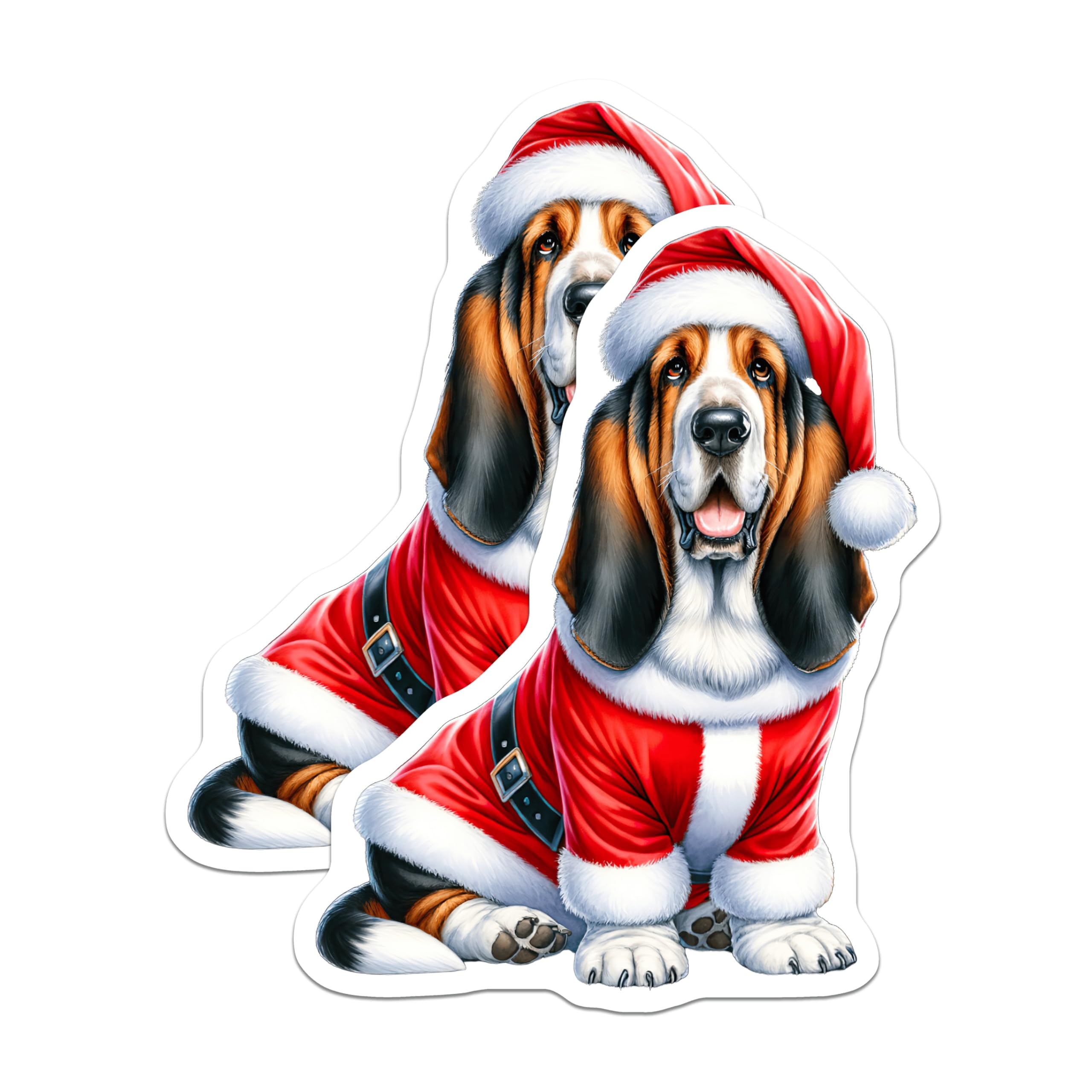 (2 Pack) Basset Hound Santa Magnets - Christmas Dog Refrigerator Decor - Holiday Pet Artwork - 5 Inches On Longest Side - Thick Durable Magnet - Made in USA - MAG29593