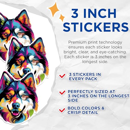 (3 Pack) Colorful Dog Decals - Laptop Stickers - Animal Lover Decal - 3 Inches On Longest Side - Easy Peel & Apply - Made in USA - 3MCS0625