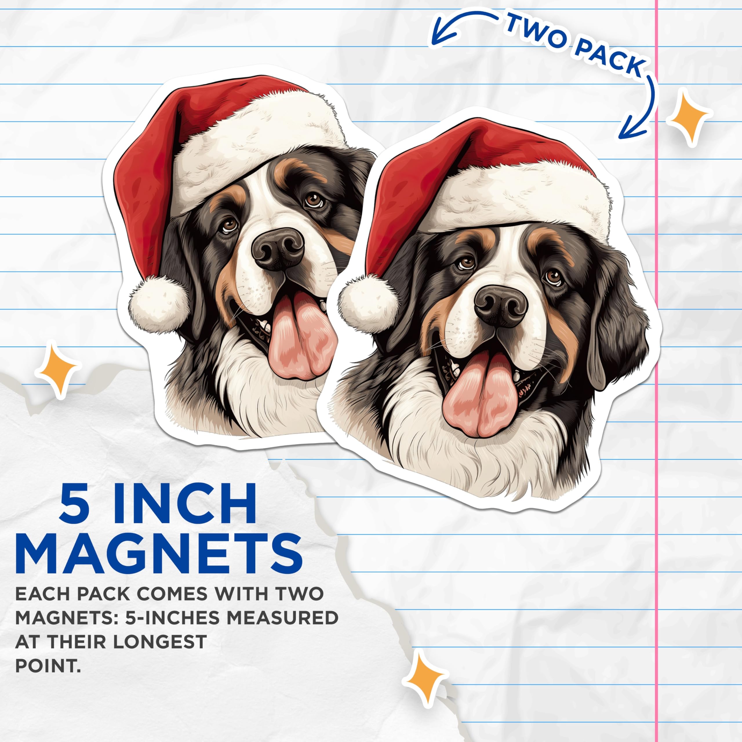 (2 Pack) Bernese Mountain Dog Magnets - Christmas Dog Decor - Holiday Refrigerator Art - 5 Inches On Longest Side - Thick Durable Magnet - Made in USA - MAG24562
