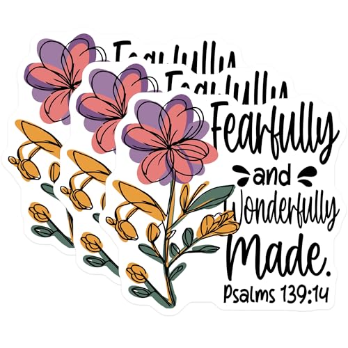 (3 Pack) Fearfully Wonderfully Made Decals - Floral Psalms Quote - Laptop Decals - 3 Inches On Longest Side - Easy Peel & Apply - Made in USA - 3MCS8343