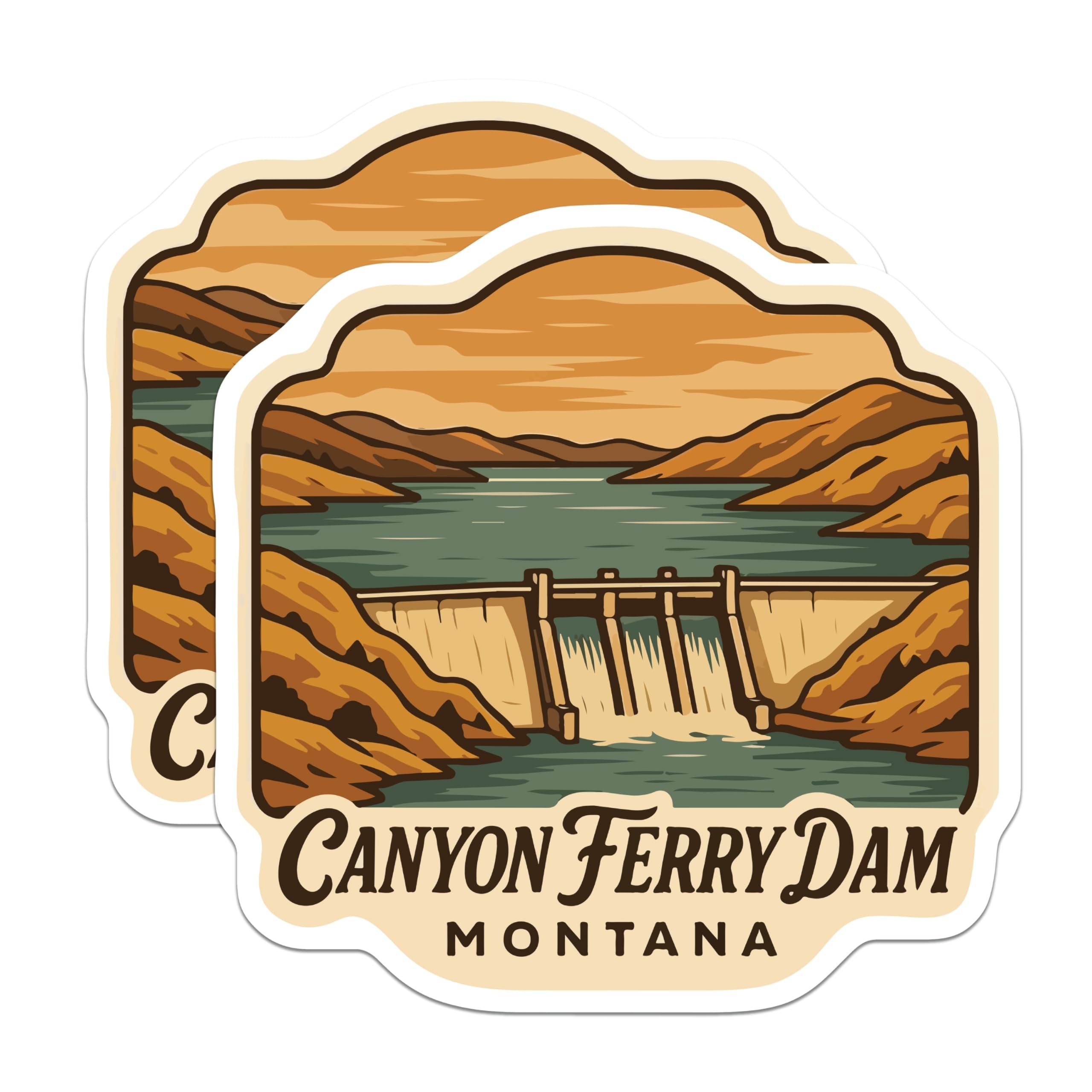 (2 Pack) Canyon Ferry Dam Magnets - Montana Lake Reservoir Scenery - Vintage Travel Illustration Art - USA State Landmark - 5 Inches On Longest Side - Thick Durable Magnet - Made in USA - MAG20127