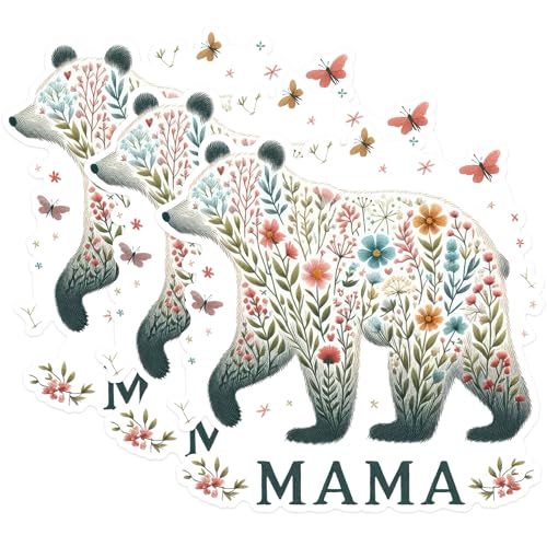 (3 Pack) Floral Bear Mama Decals - Cute Bear Stickers - Laptop Decal - 3 Inches On Longest Side - Easy Peel & Apply - Made in USA - 3MCS1686