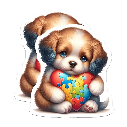 (2 Pack) Cute Puppy Stickers - Heart Puzzle Stickers - Adorable Animal Stickers - 5" On Longest Side - Sticks to Smooth Flat Surfaces - Made in USA - BMCS9475