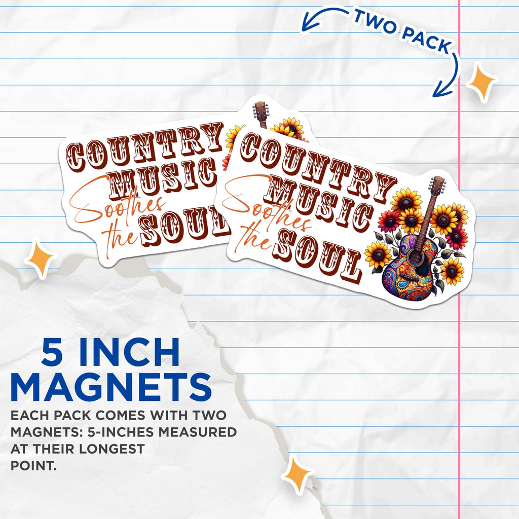 (2 Pack) Country Music Magnets - Guitar Sunflower Magnet - Soothes The Soul Magnet - 5" On Longest Side - Premium Magnet - for Cars, Refrigerators, Toolboxes, Lockers - Made in USA - MAG15424