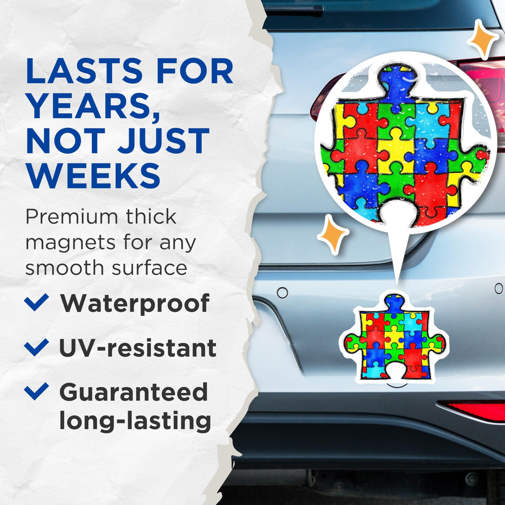 (2 Pack) Autism Awareness Puzzle Magnets - Neurodiversity Support Decor - Special Needs Inclusion Art - Fridge Car Magnets - 5 Inches On Longest Side - Thick Durable Magnet - Made in USA - MAG20395