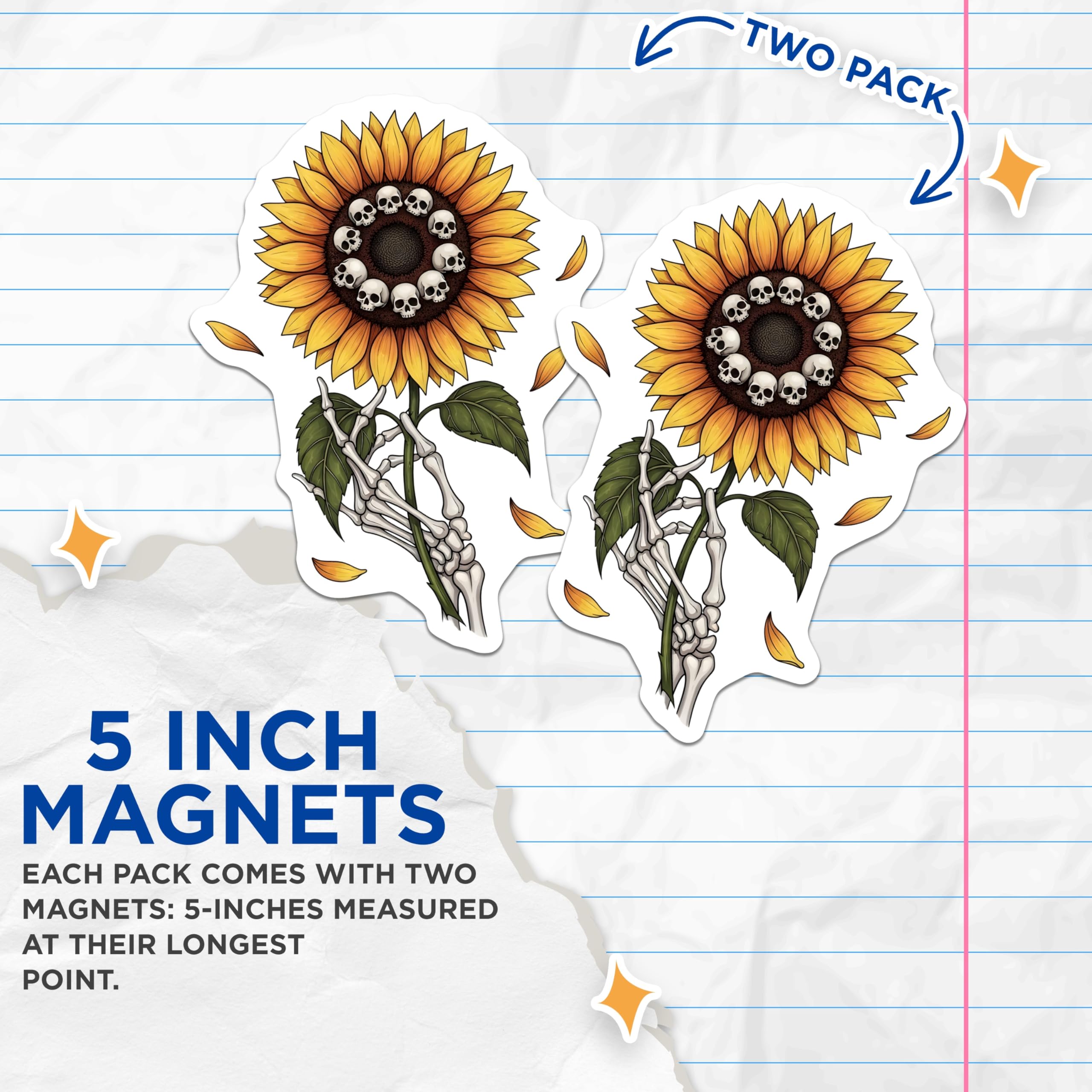 (2 Pack) Sunflower Skull Magnets - Gothic Home Decor - Skeleton Hand Flower - 5" On Longest Side - Premium Magnet - for Cars, Refrigerators, Toolboxes, Lockers - Made in USA - MAG17808