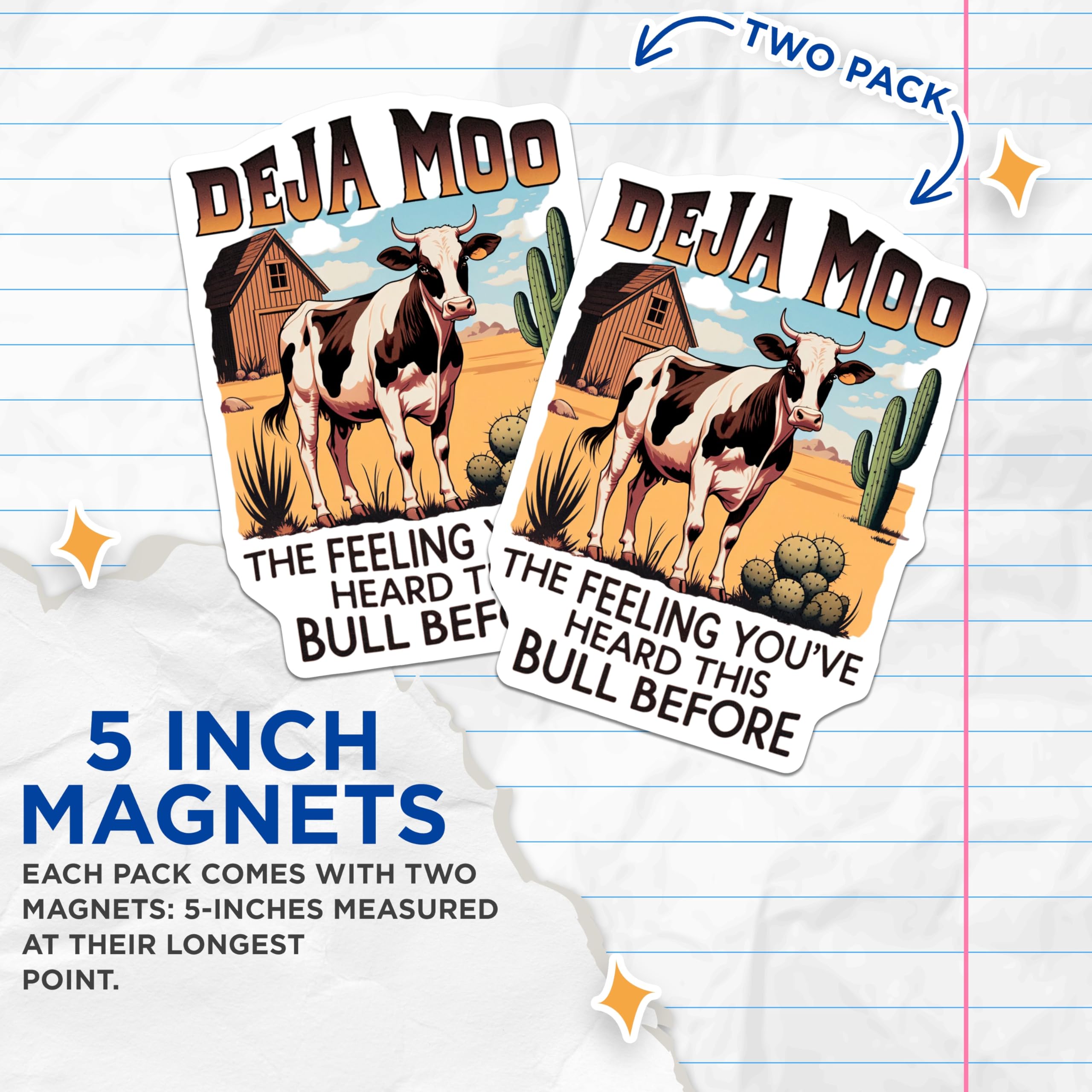 (2 Pack) Deja Moo Cow Magnets - Humorous Refrigerator Decor - Western Farmhouse Kitchen Accent - Punny Bull Quote Art - 5 Inches On Longest Side - Thick Durable Magnet - Made in USA - MAG21953